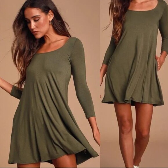 Lulus Twirl Power Dress Women M Olive Green 3/4 Sleeve TShirt Mini Stretch Fall - Picture 2 of 9